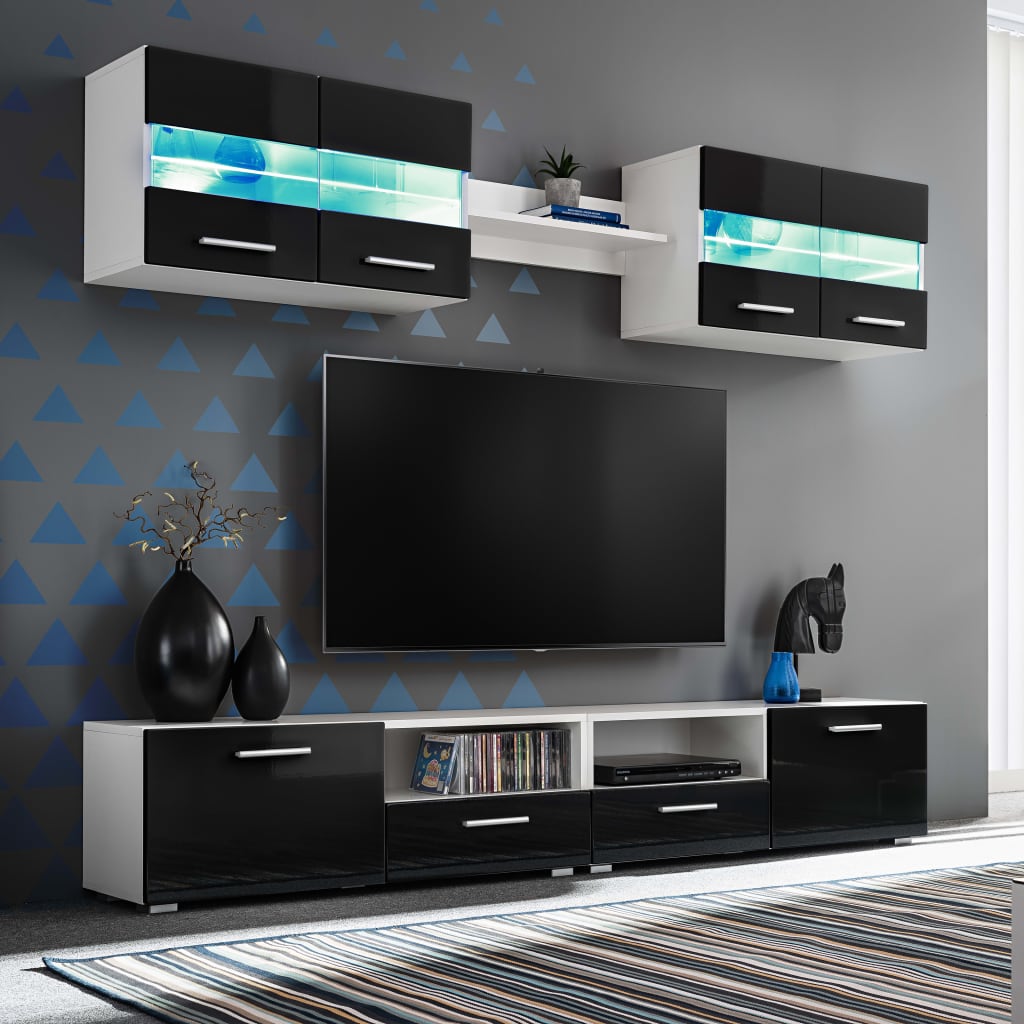 vidaXL Mueble de salón de TV con luces LED negro brillante 5 piezas