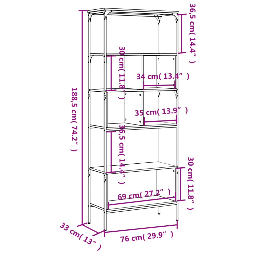 vidaXL Librería 5 estantes madera de ingeniería roble 76x33x188,5 cm