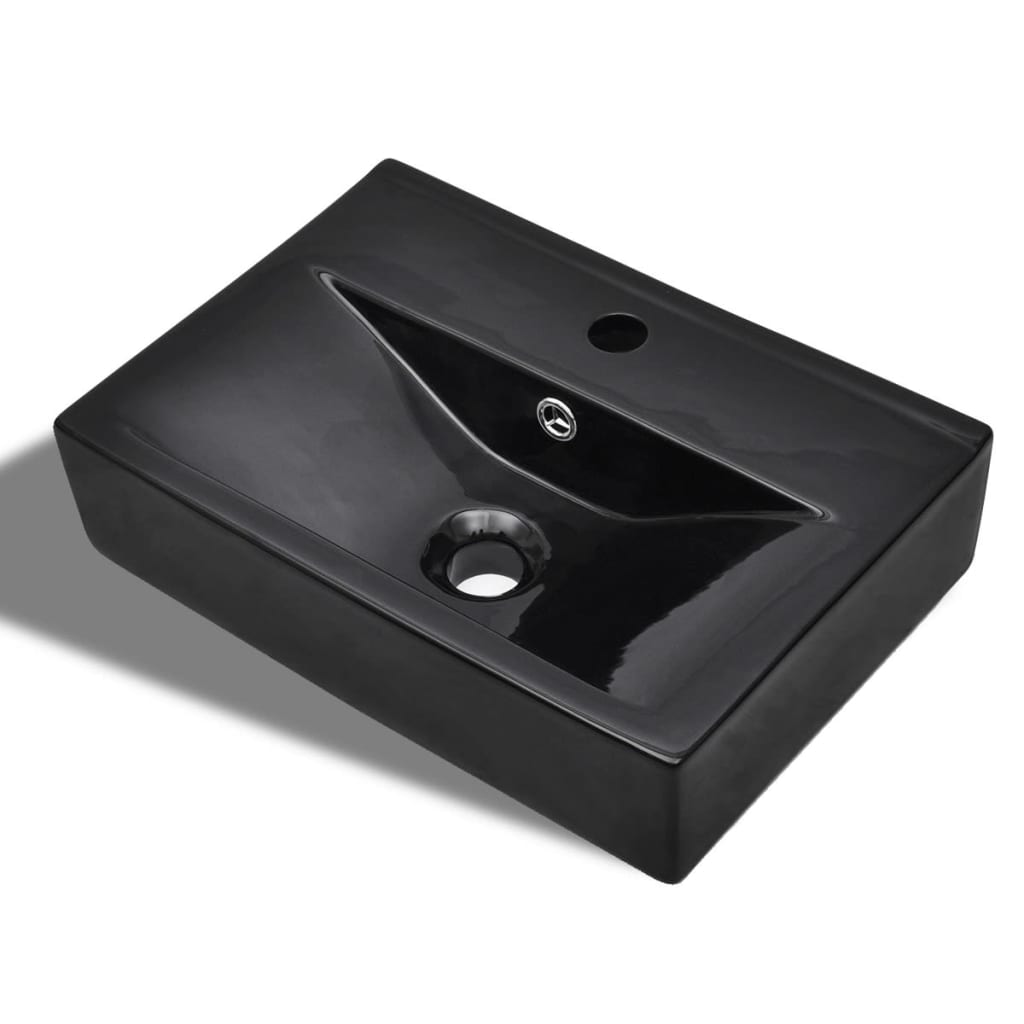 vidaXL Lavabo rectangular de cerámica hueco de grifo/desagüe negro