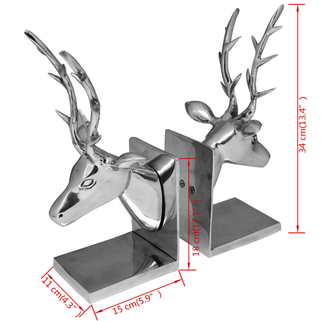 vidaXL Sujetalibros diseño de ciervo de 2 piezas aluminio plateado