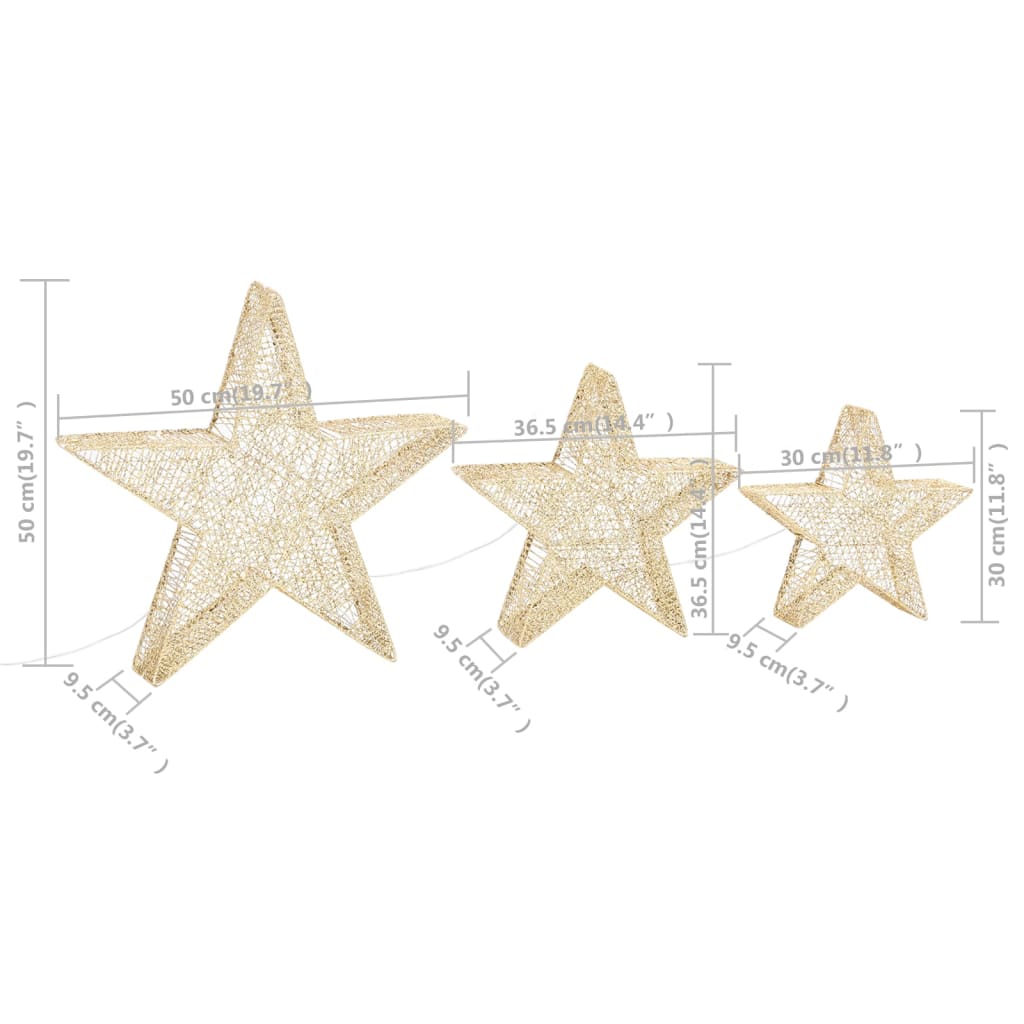 vidaXL Estrellas decoración navideña 3 piezas LED malla doradas
