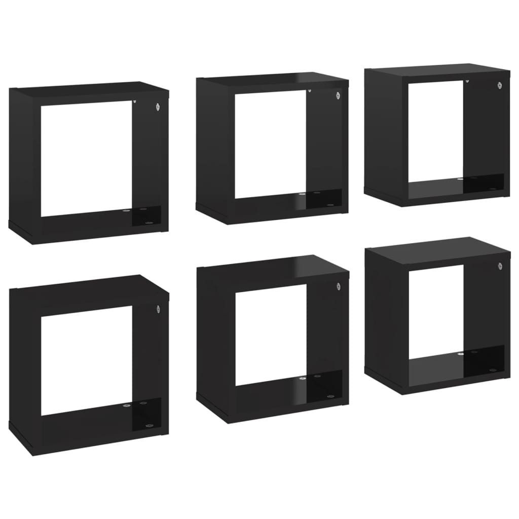 vidaXL Estantes cubo de pared 6 unidades negro brillo 26x15x26 cm