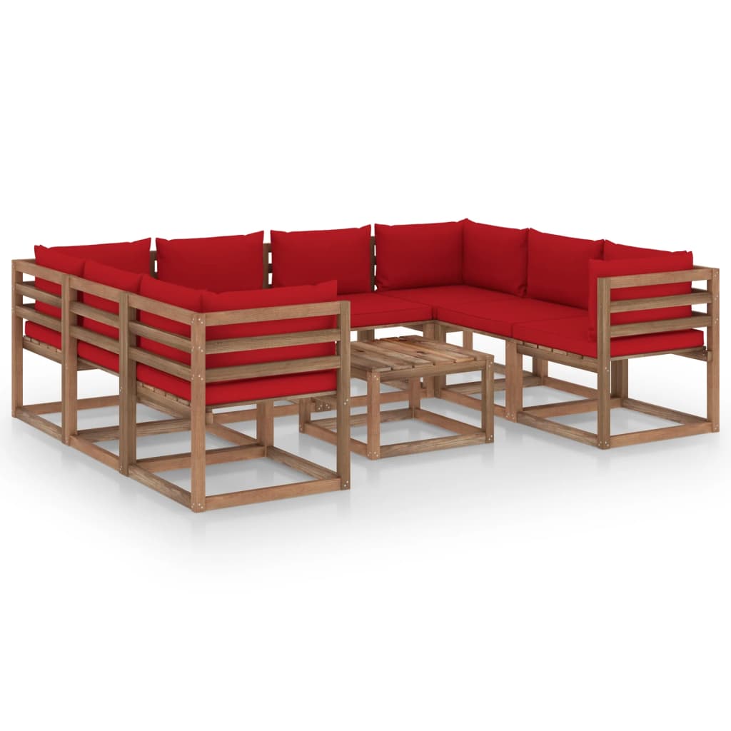 vidaXL Juego de muebles de jardín 9 piezas con cojines rojos