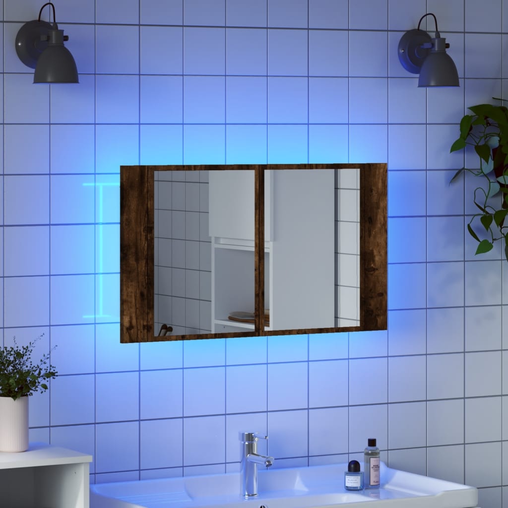 vidaXL Armario espejo de baño LED acrílico roble ahumado 80x12x45 cm