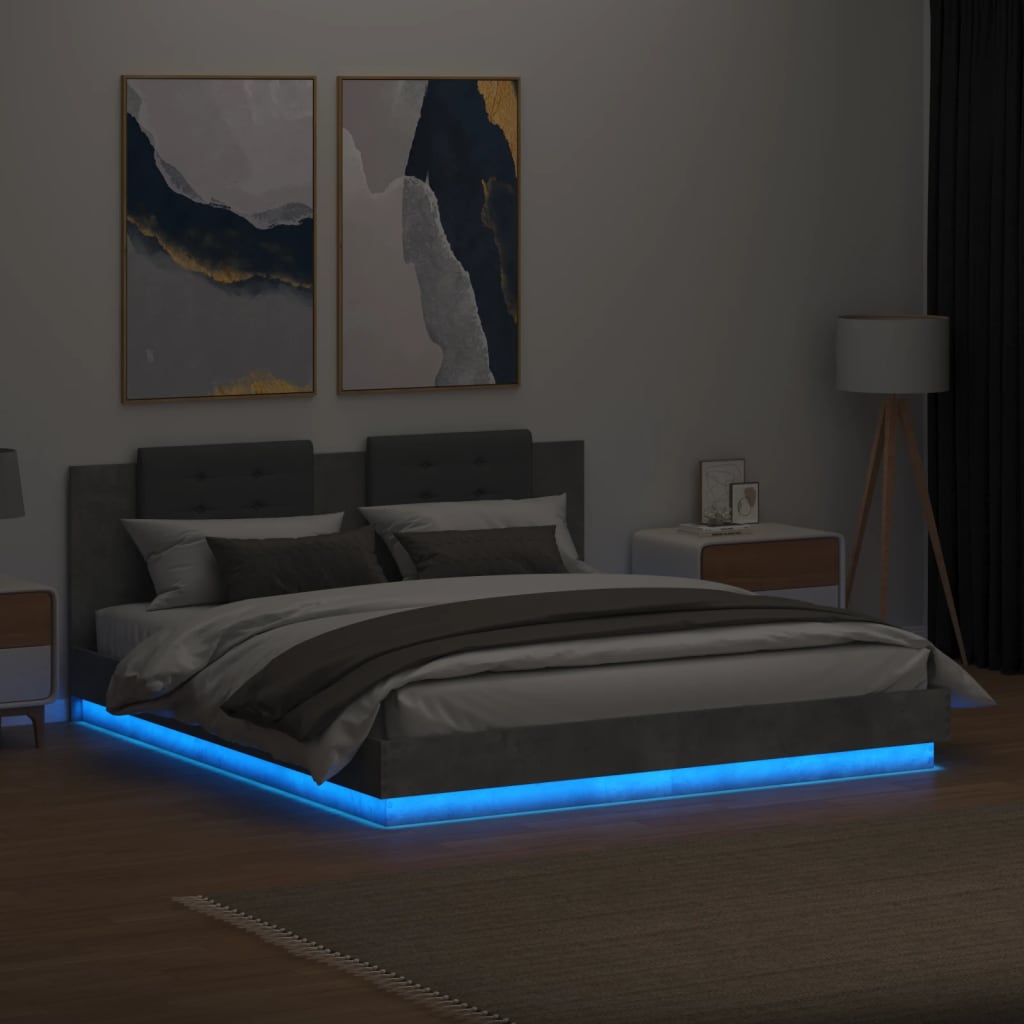 vidaXL Estructura de cama cabecero luces LED gris hormigón 160x200 cm