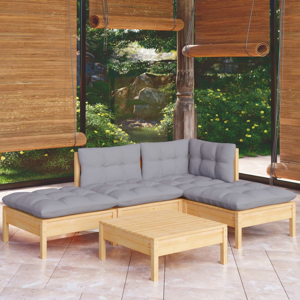 vidaXL Juego de muebles de jardín 5 pzas y cojines madera pino gris