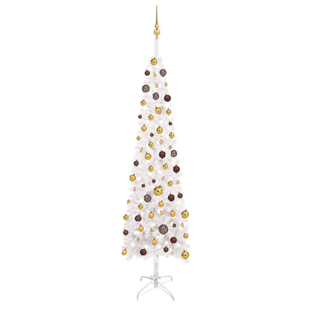 vidaXL Árbol de Navidad delgado con luces y bolas blanco 240 cm