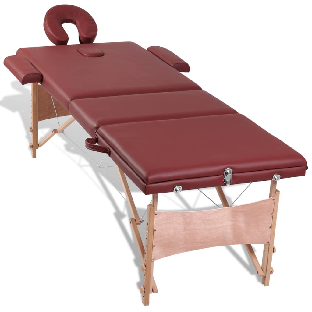 Mesa camilla de masaje de madera plegable de tres cuerpos rojos