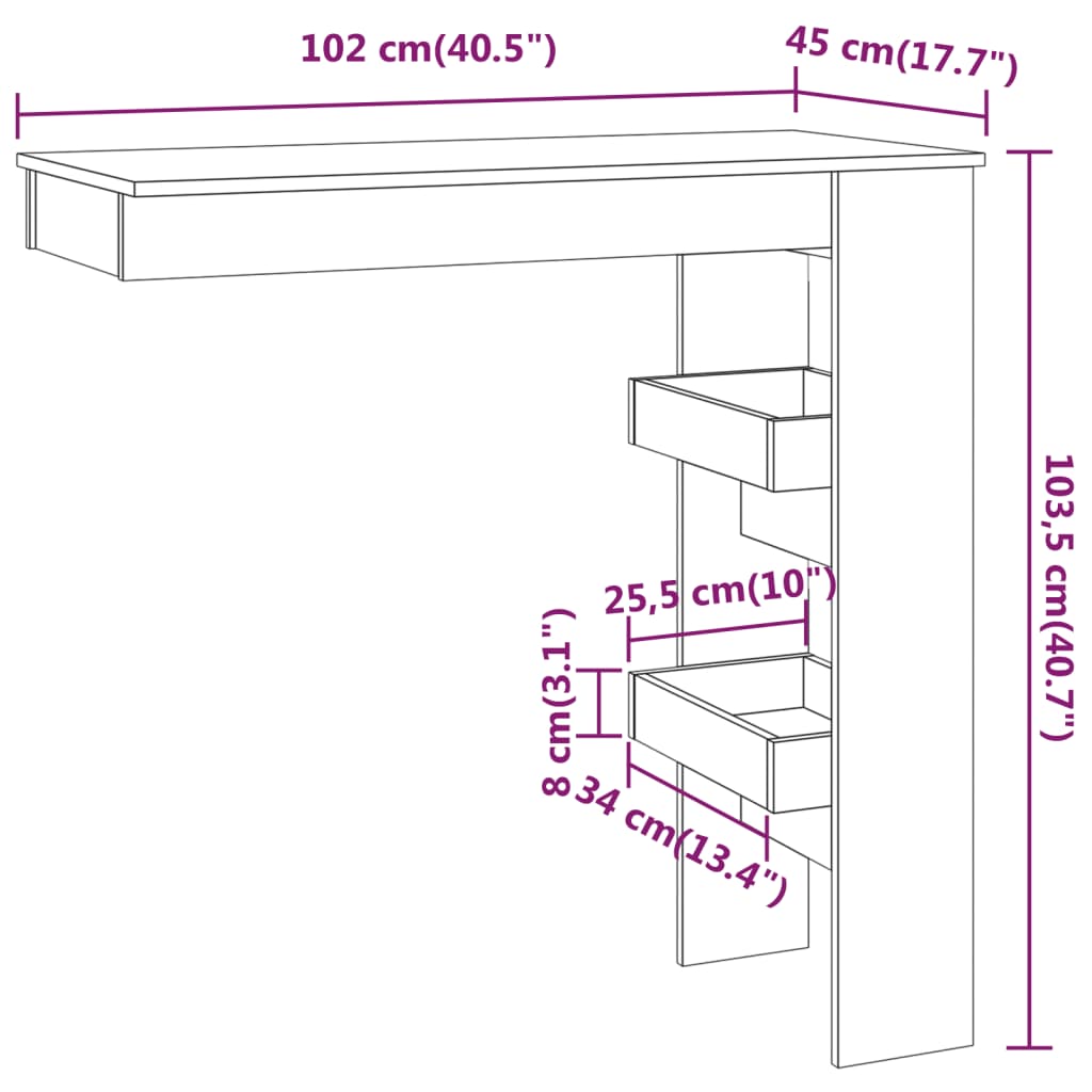 vidaXL Mesa de bar de pared contrachapada roble ahumado 102x45x103,5cm