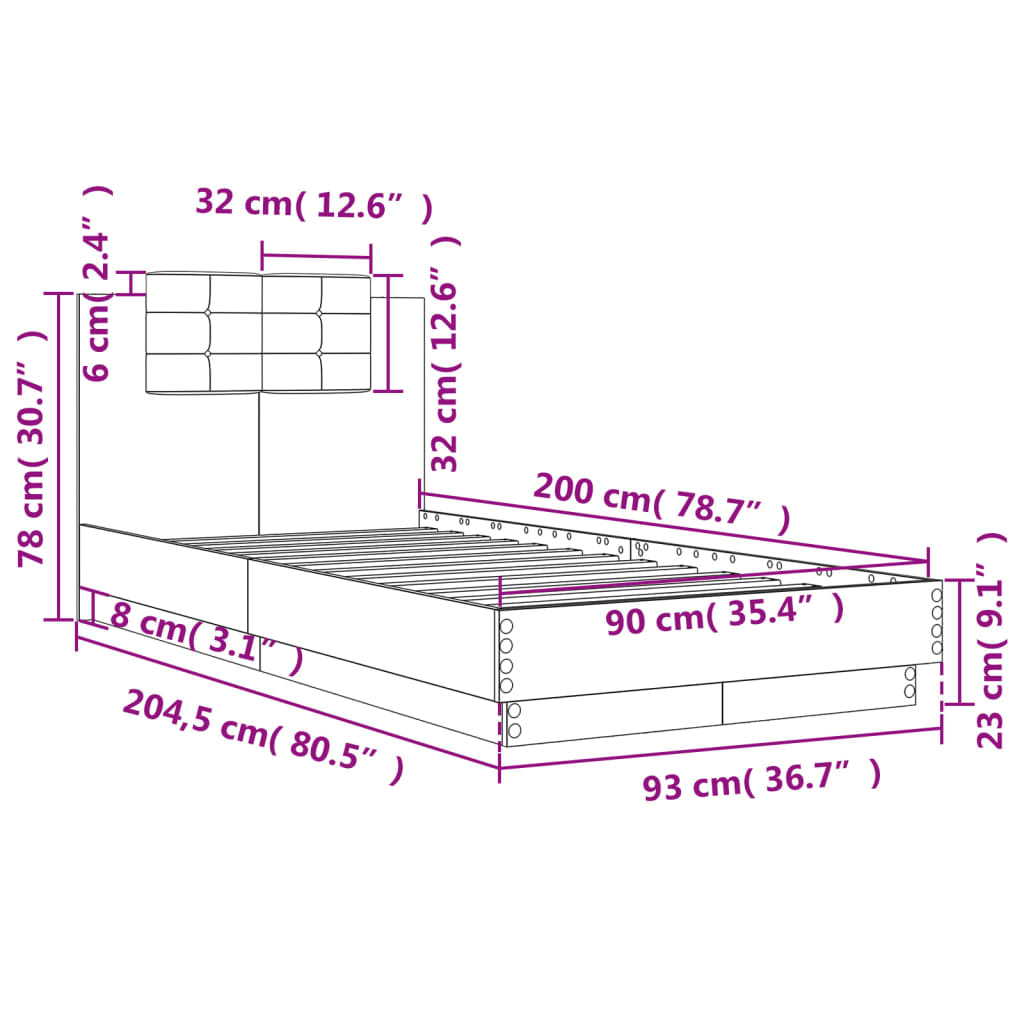 vidaXL Estructura de cama cabecero luces LED gris hormigón 90x200 cm