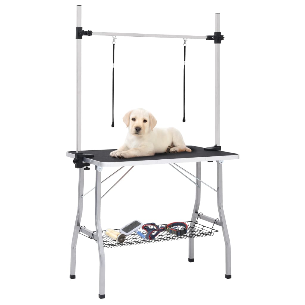 vidaXL Mesa de aseo para perros ajustable con 2 lazos y cesta