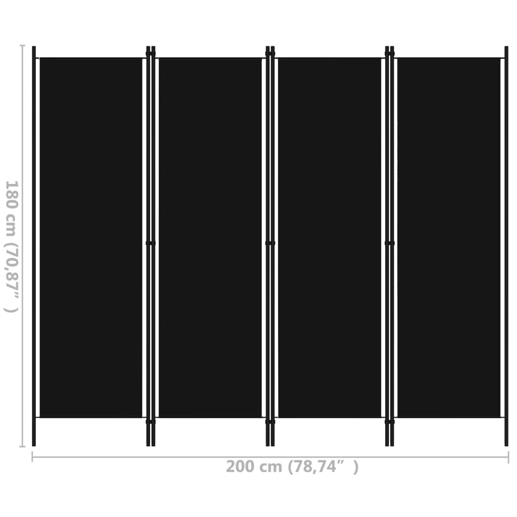 vidaXL Biombo divisor de 4 paneles negro 200x180 cm