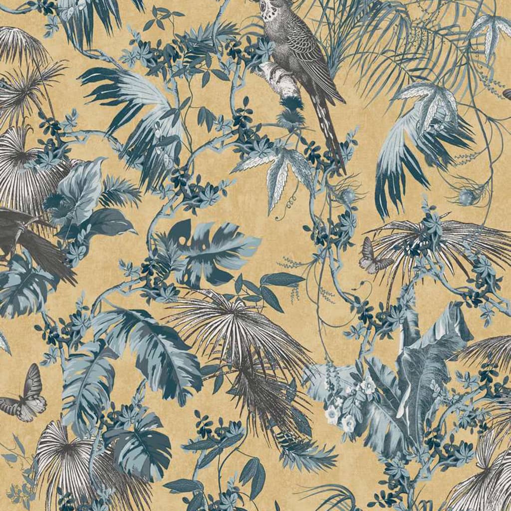 DUTCH WALLCOVERINGS Papel pintado hojas y pájaros azul y dorado
