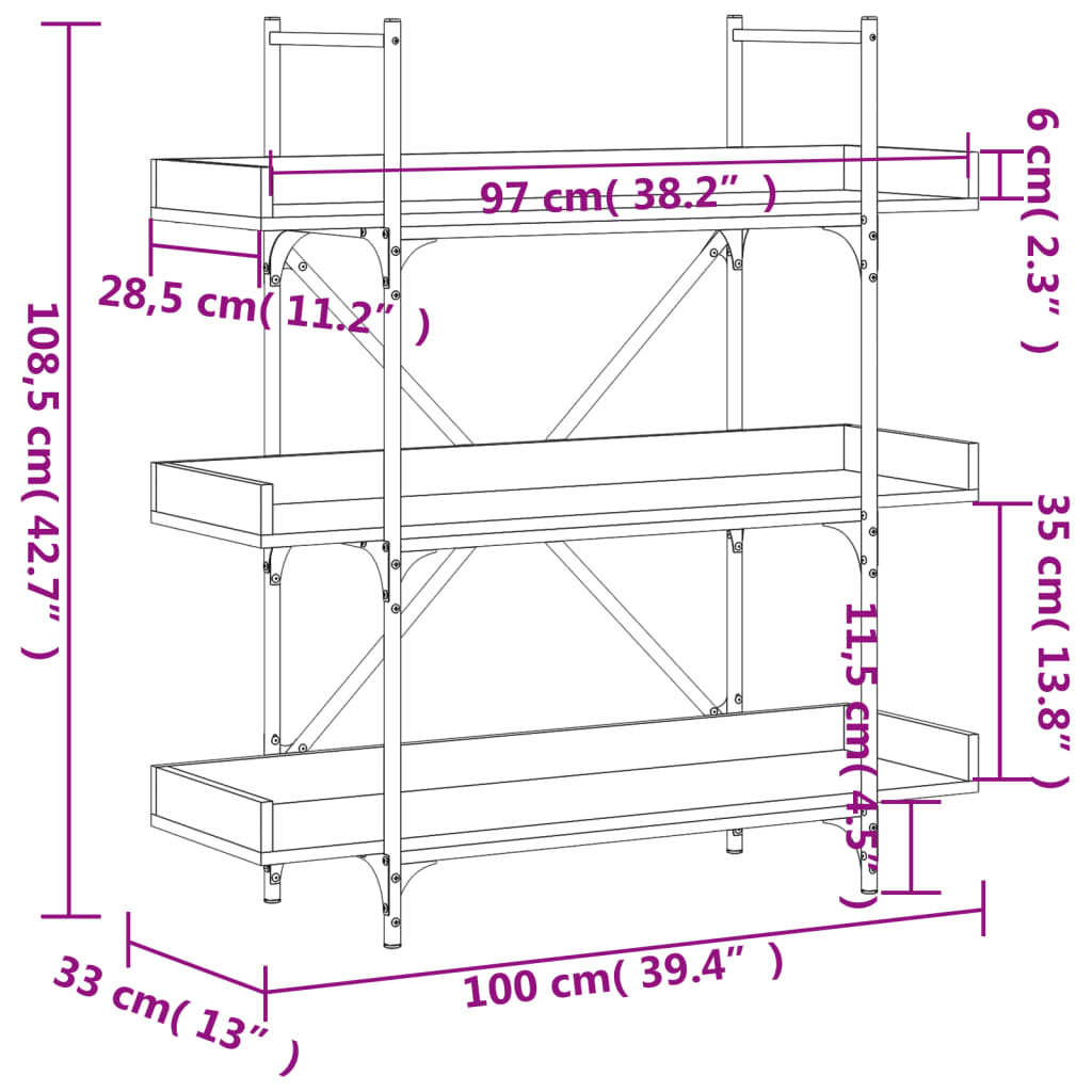 vidaXL Librería de 3 estantes madera ingeniería negro 100x33x108,5 cm