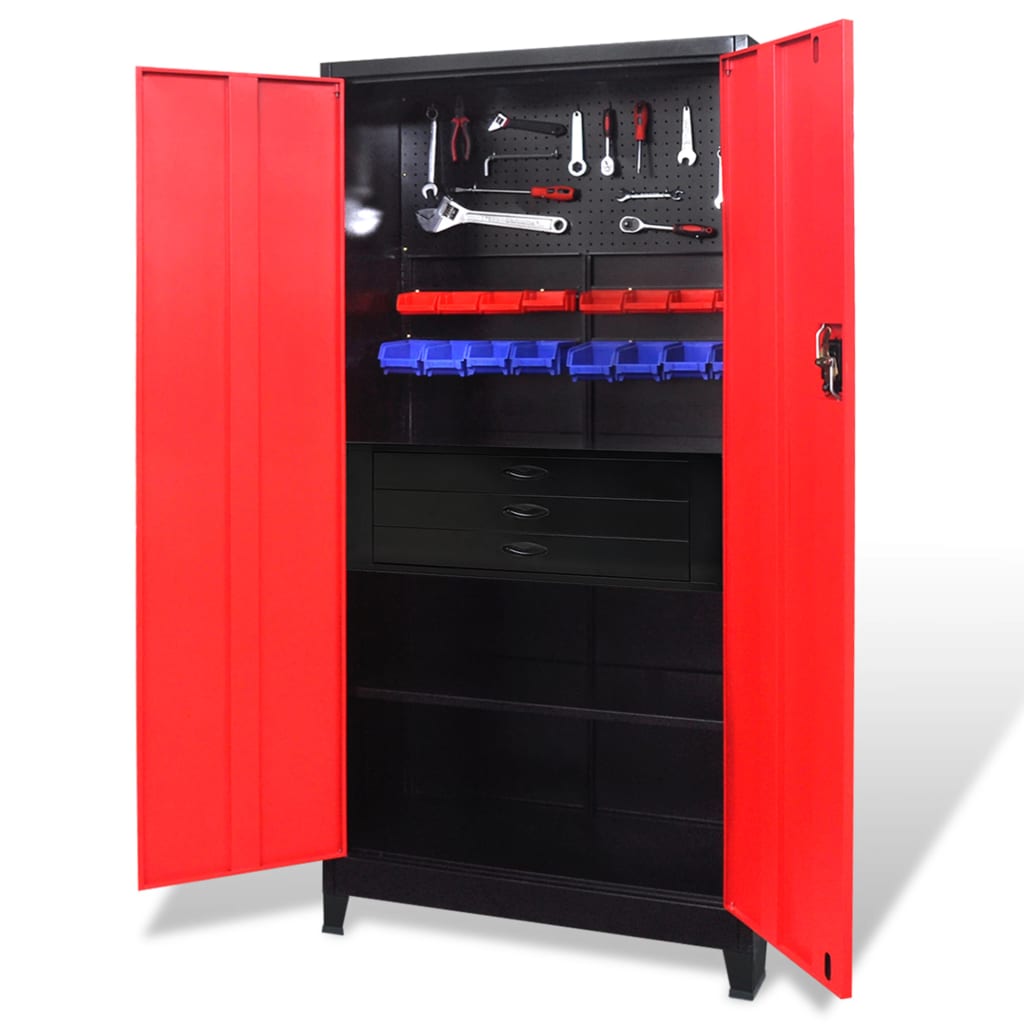 vidaXL Armario de herramientas con baúl acero negro/rojo 90x40x180 cm