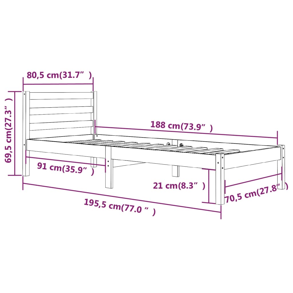 vidaXL Estructura de cama madera maciza de pino negro 75x190 cm
