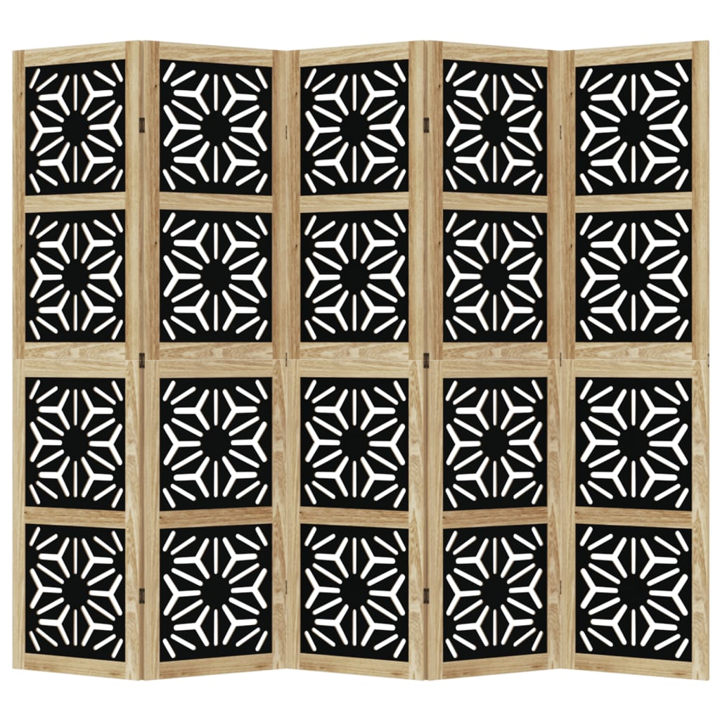 vidaXL Biombo separador 5 paneles madera maciza Paulownia marrón negro
