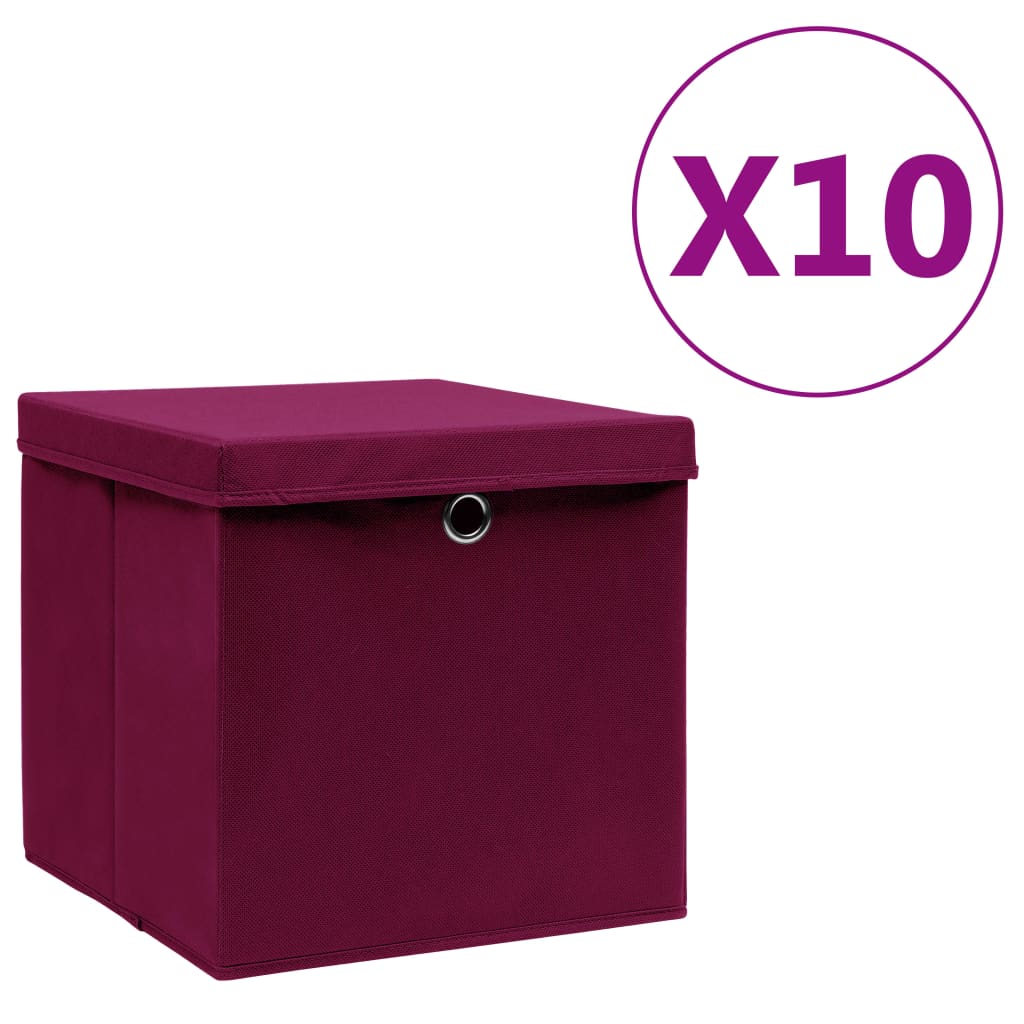vidaXL Cajas de almacenaje con tapas 10 uds rojo oscuro 28x28x28 cm