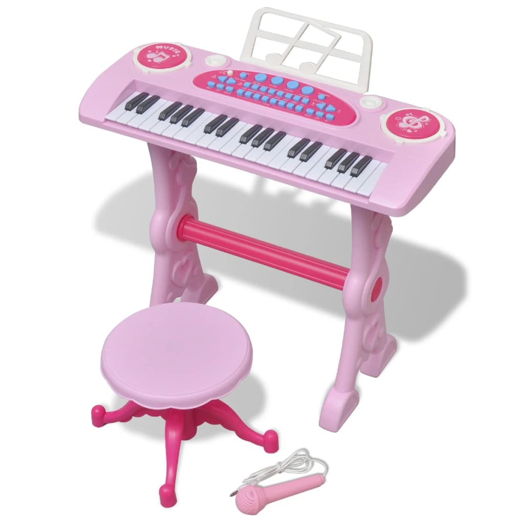 Piano de juguete de 37 teclas con taburete/micrófono para niños (Rosa)