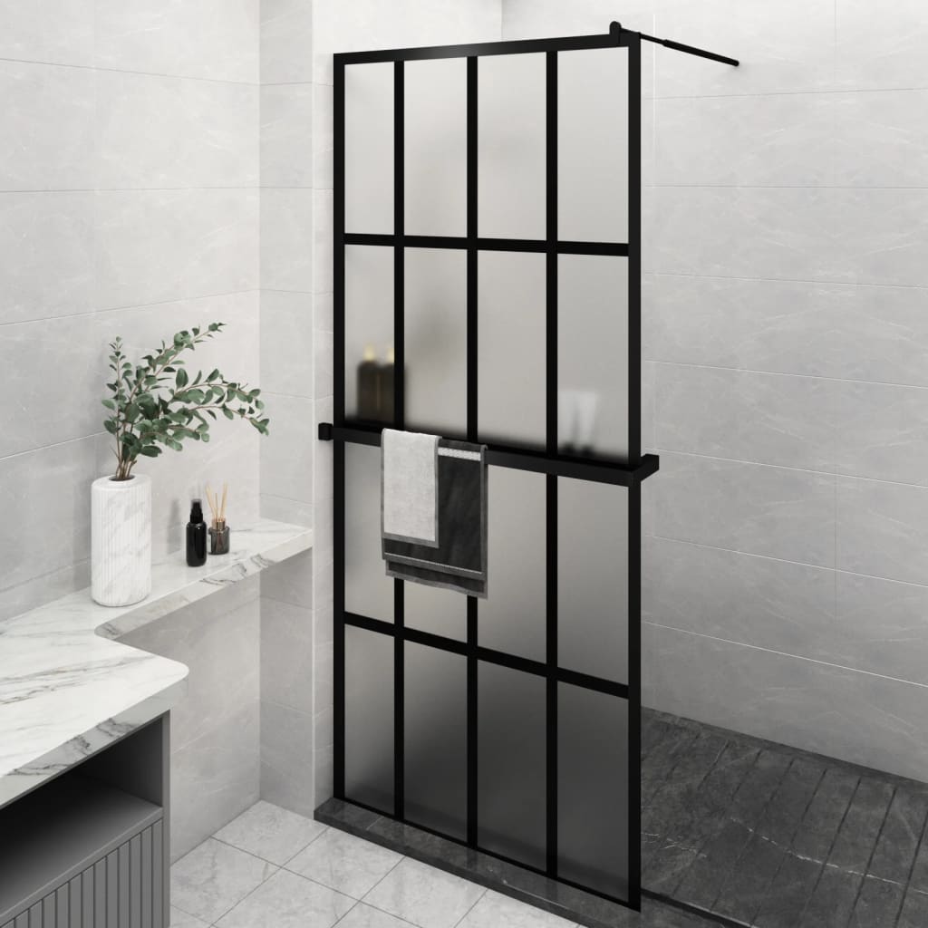 vidaXL Mampara ducha con estante vidrio ESG y aluminio negro 90x195 cm