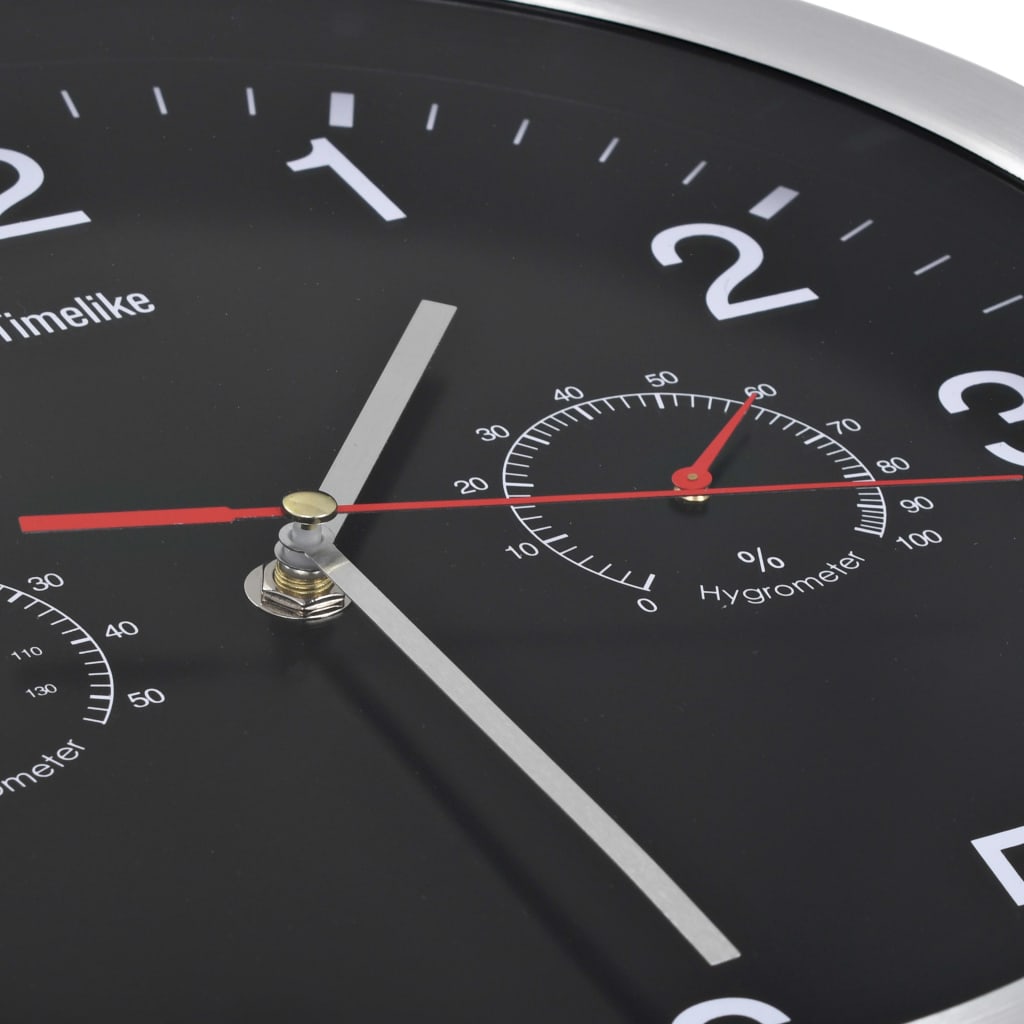 vidaXL Reloj de pared de cuarzo higrómetro y termómetro 30 cm negro