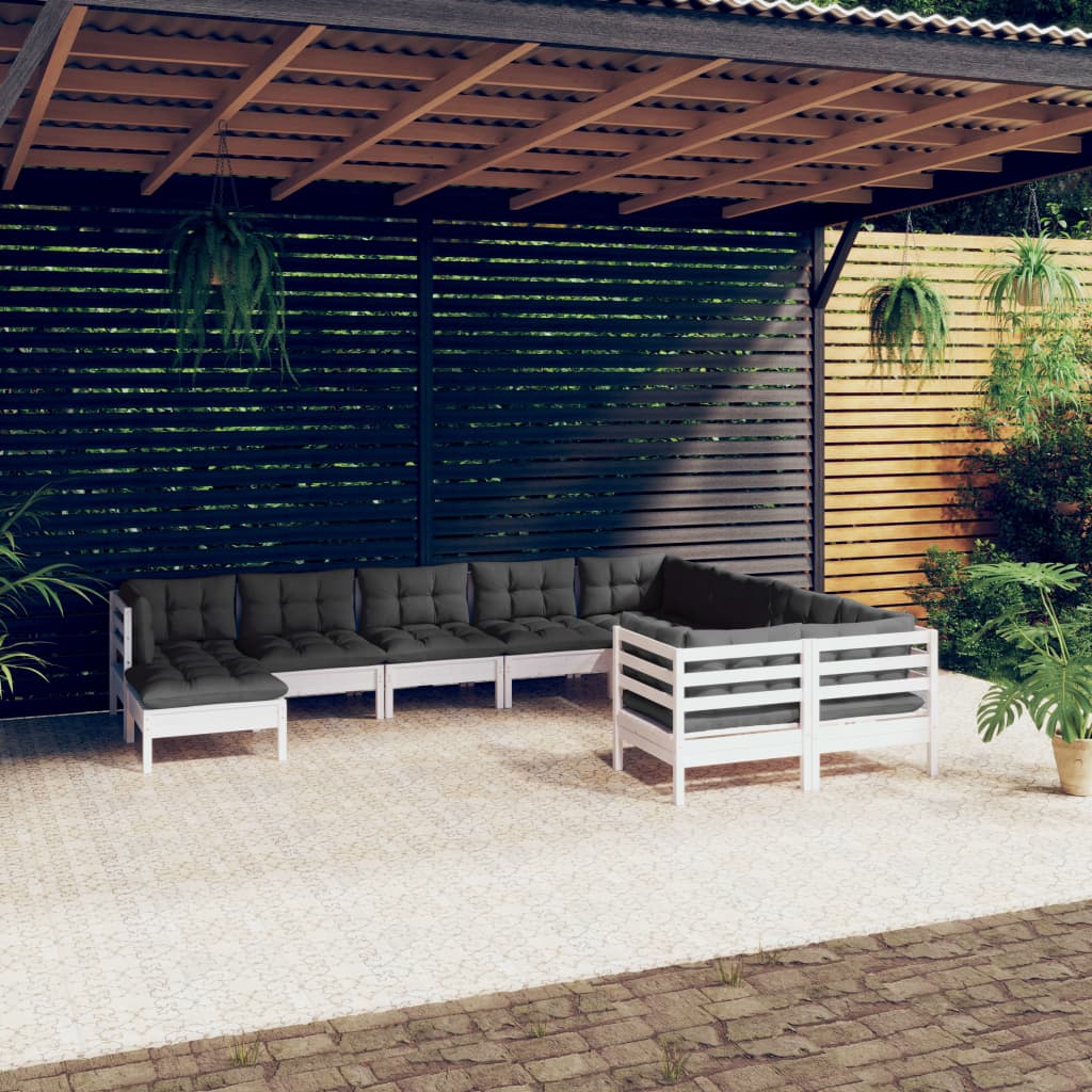 vidaXL Muebles de jardín 10 pzas con cojines blanco madera de pino