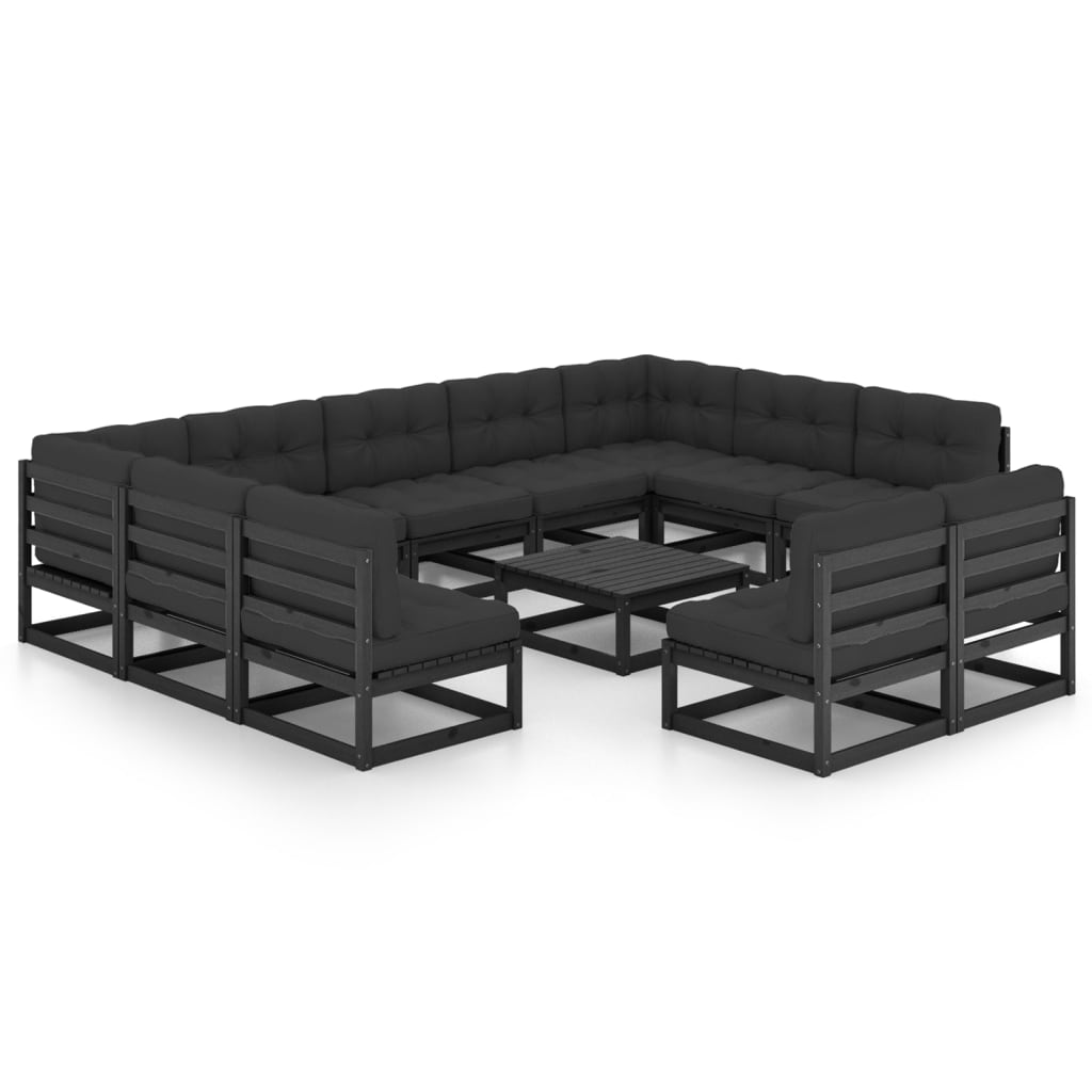 vidaXL Set de muebles de jardín 12 pzas con cojines madera pino negro