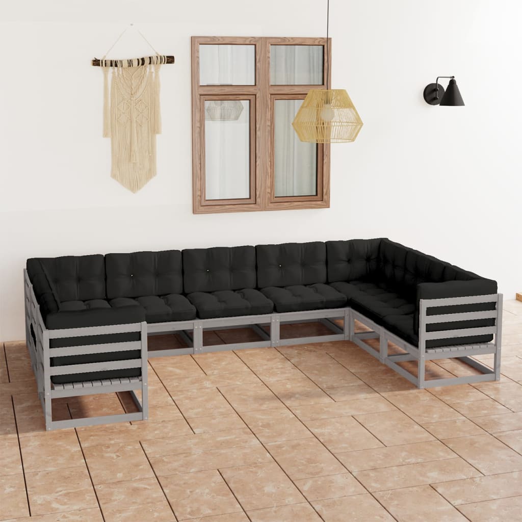 vidaXL Set de muebles de jardín 9 pzas con cojines madera pino gris