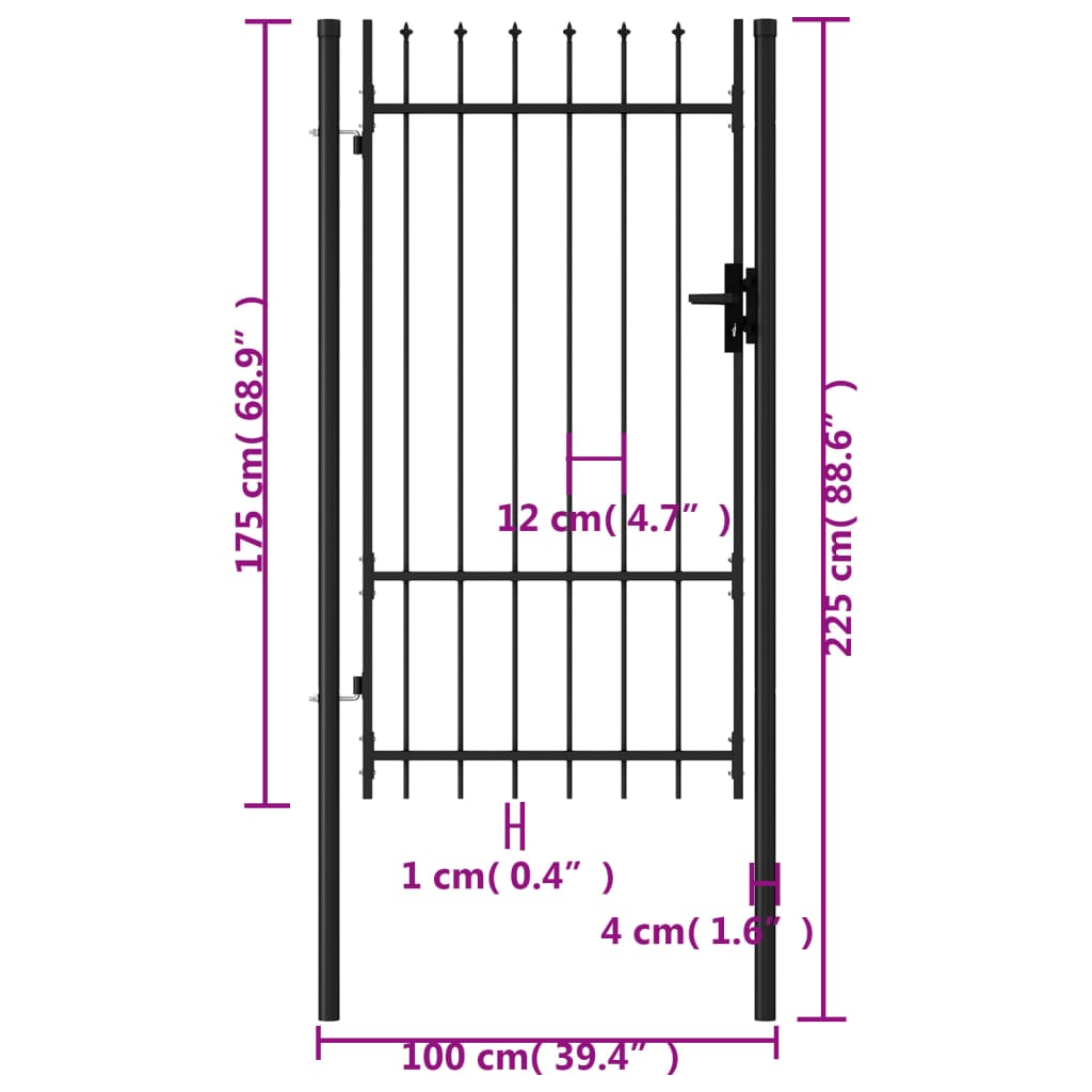 vidaXL Cancela de valla con una puerta y puntas acero negro 1x1,75 m