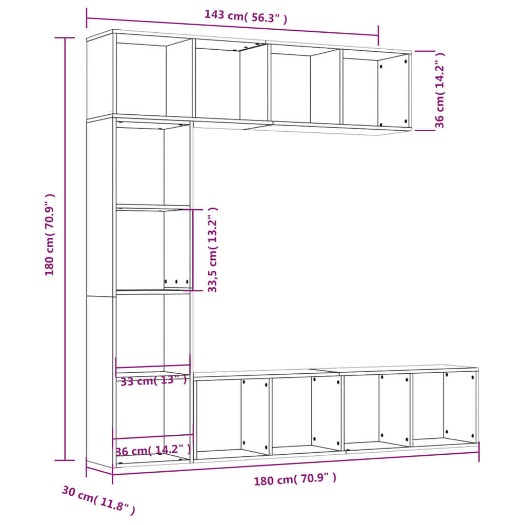 vidaXL Set de estanteria/mueble TV 3 pzas roble ahumado 180x30x180 cm