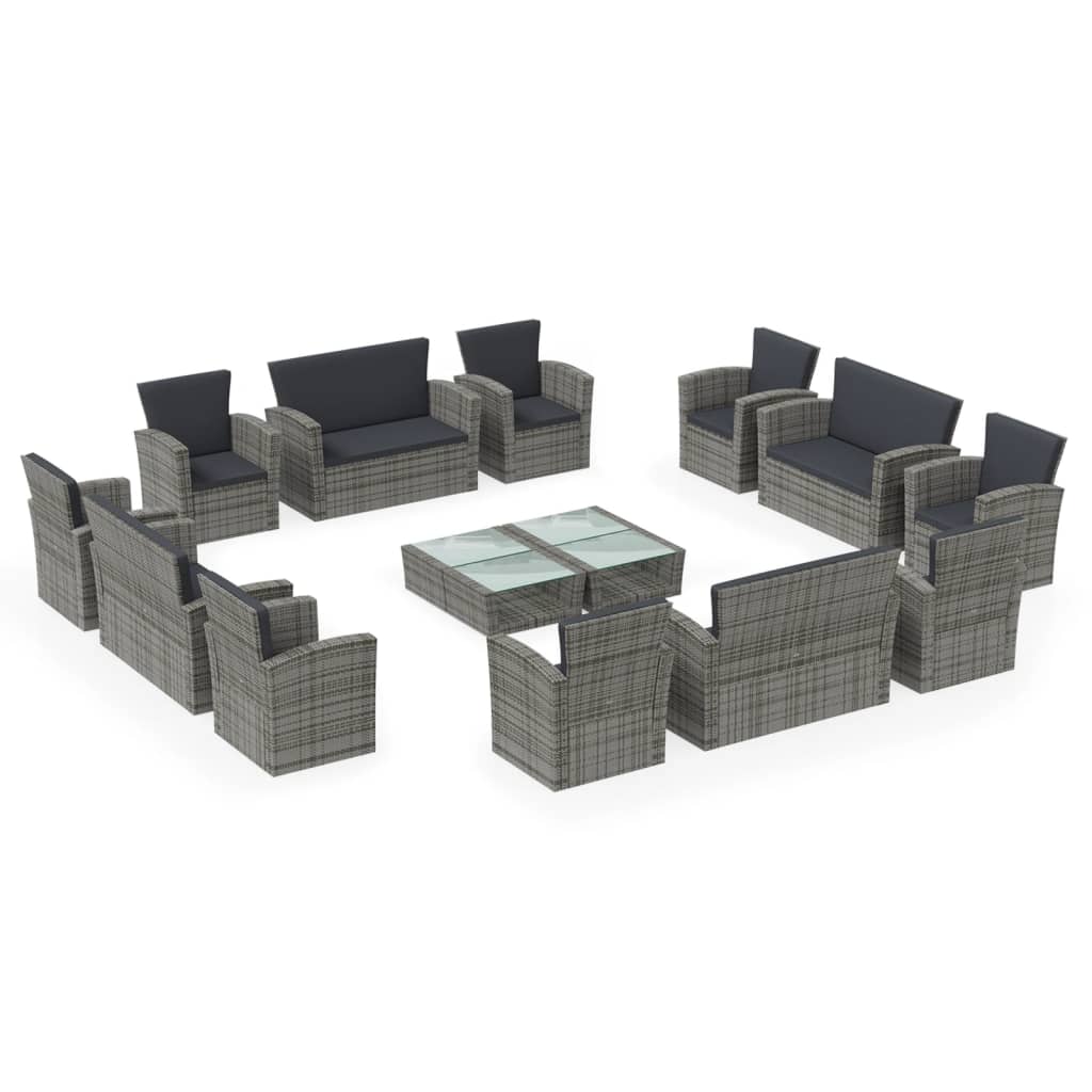 vidaXL Set de muebles de jardín 16 pzas y cojines ratán sintético gris