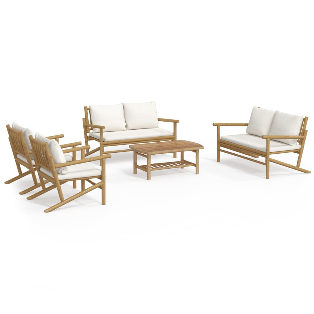 vidaXL Set de muebles de jardín 5 piezas bambú y cojines blanco crema