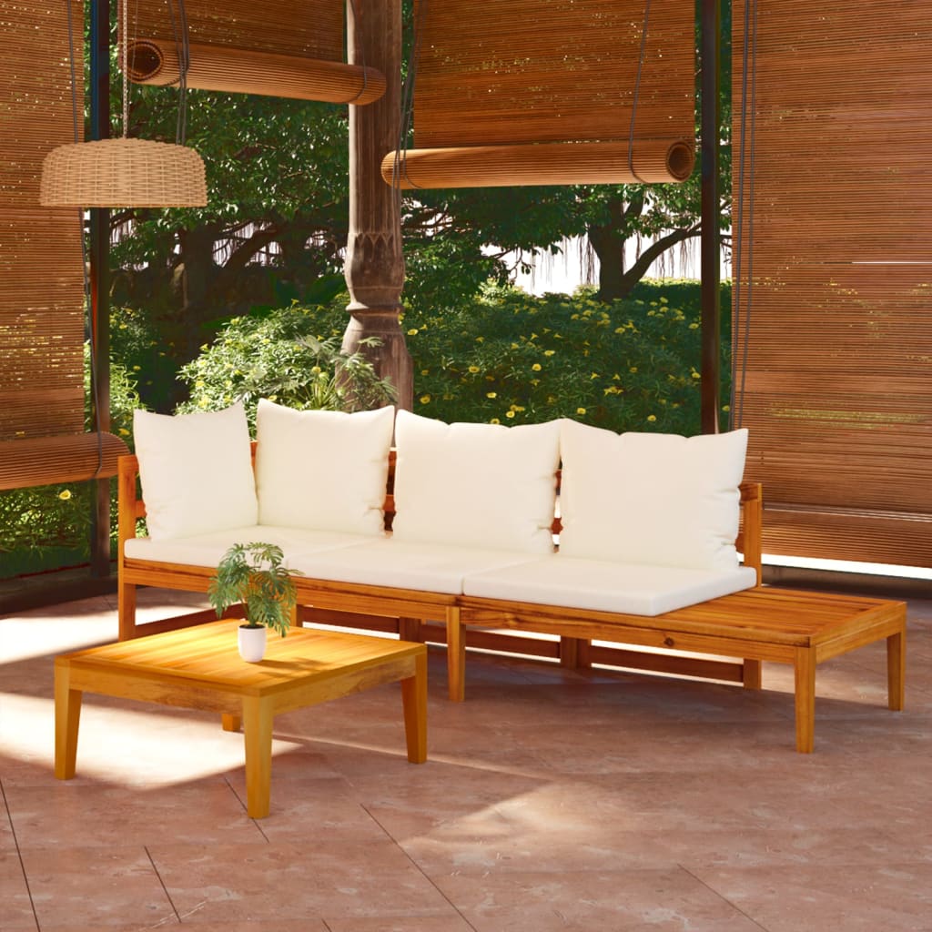 vidaXL Muebles de jardín 3 pzas con cojines crema madera de acacia