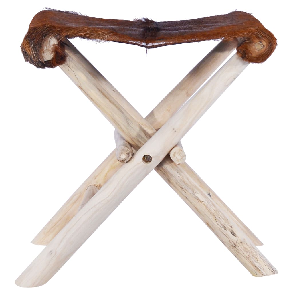 vidaXL Taburete plegable de cuero auténtico y madera de teca maciza