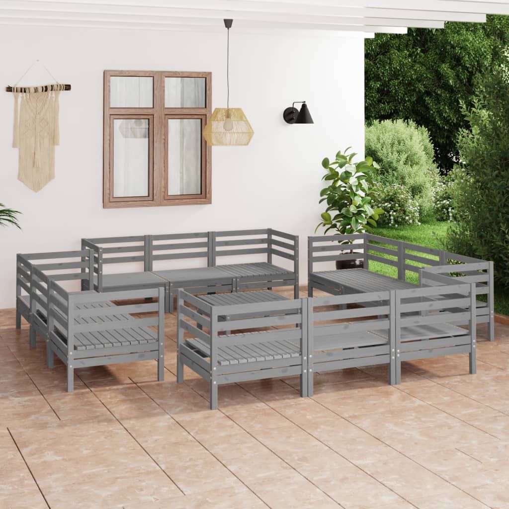 vidaXL Juego de muebles de jardín 13 piezas madera maciza de pino gris