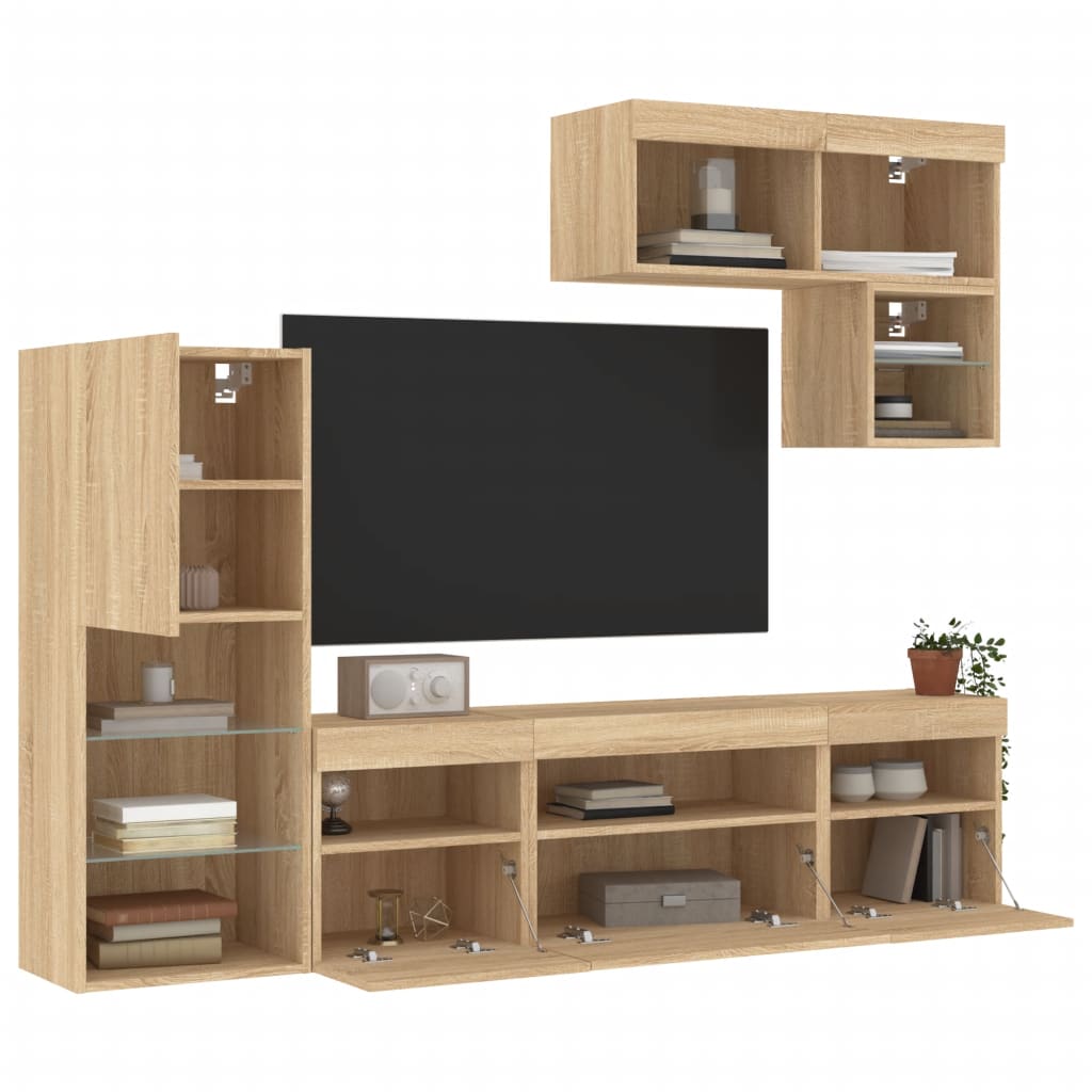 vidaXL Muebles TV pared con LED 6 pzas madera ingeniería roble Sonoma