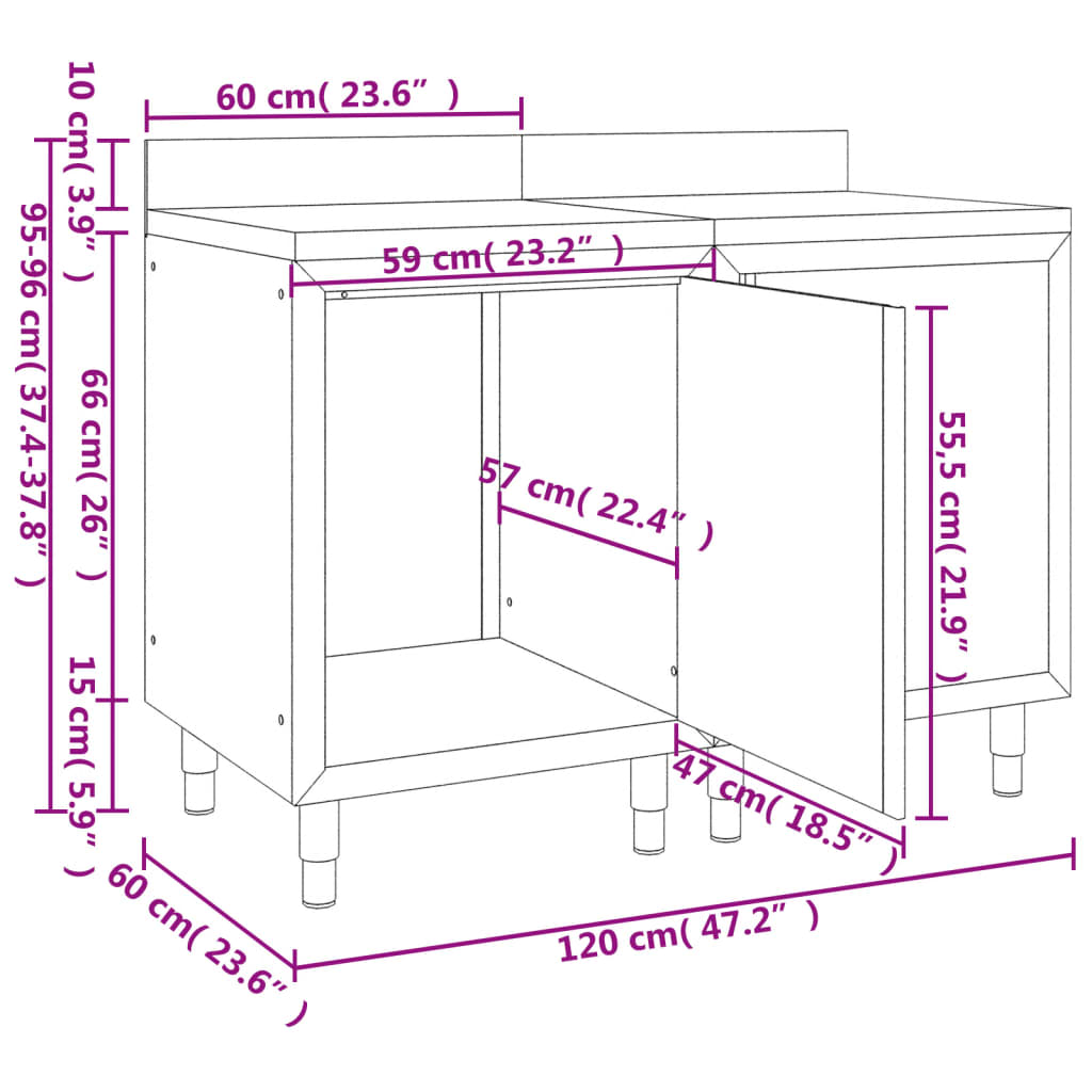 vidaXL Mesa de trabajo comercial mueble acero inoxidable 120x60x96 cm