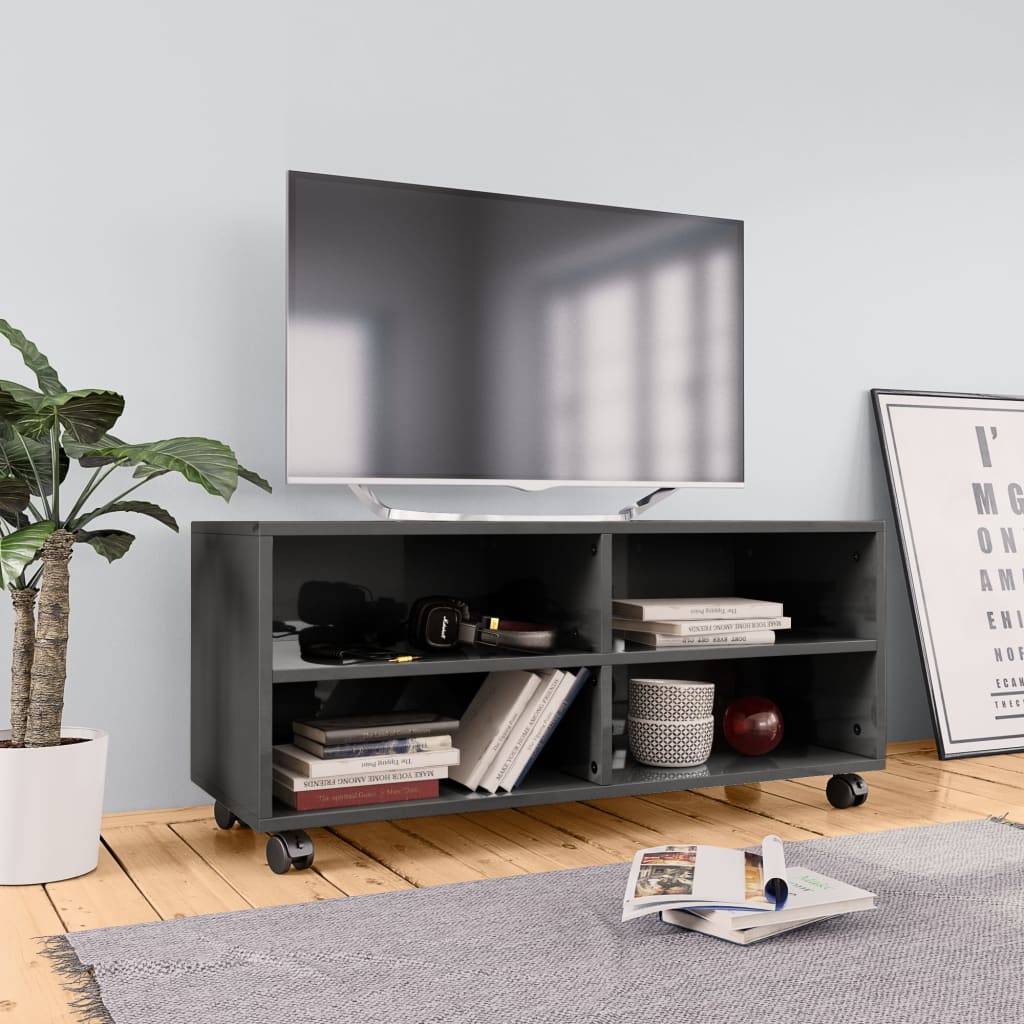vidaXL Mueble de TV con ruedas contrachapada gris brillo 90x35x35 cm