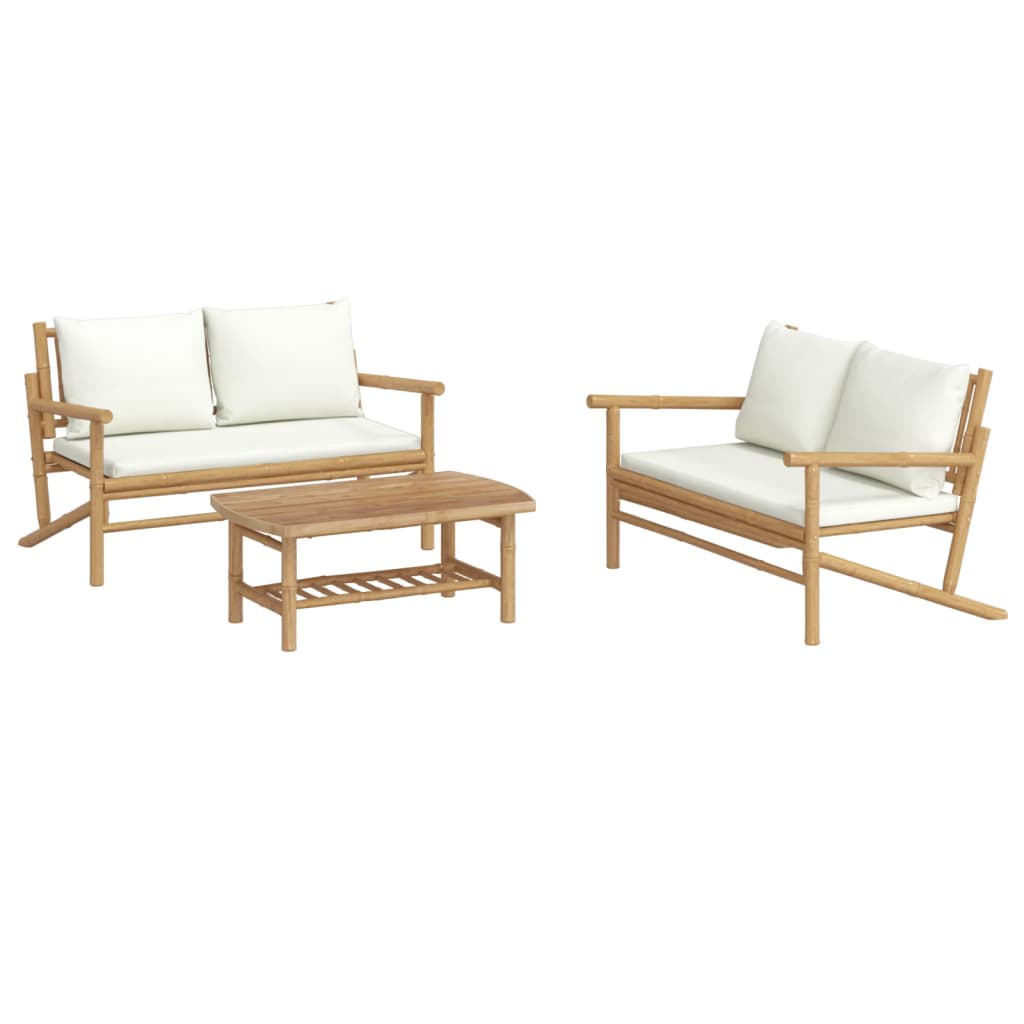 vidaXL Set de muebles de jardín 3 piezas bambú y cojines blanco crema