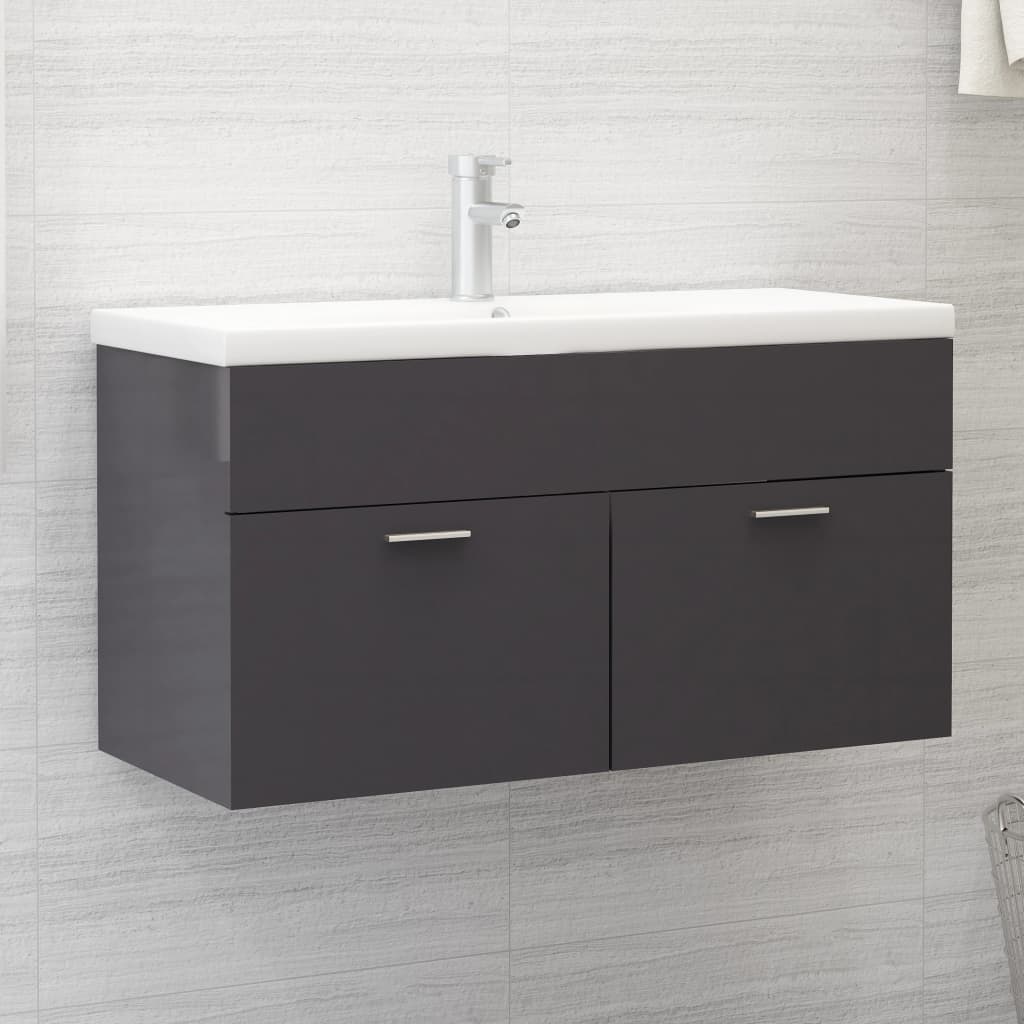 vidaXL Armario para lavabo contrachapada gris brillo 90x38,5x46 cm