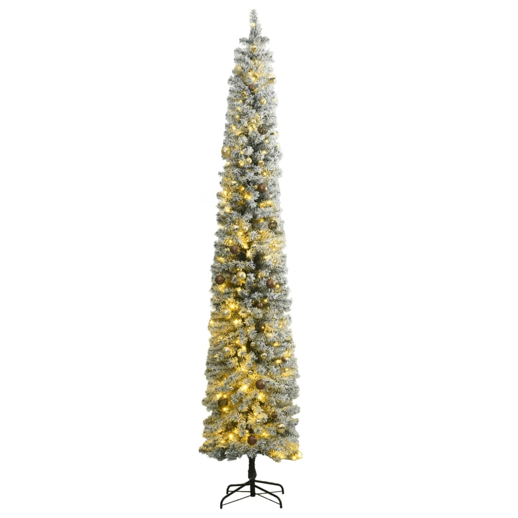 vidaXL Árbol de Navidad estrecho con 300 LED y bolas y nieve 270 cm
