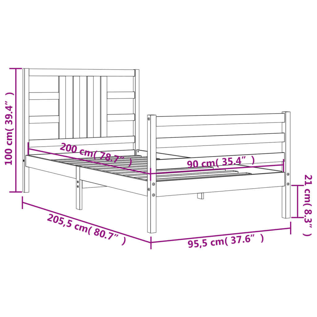 vidaXL Estructura de cama con cabecero madera maciza gris 90x200 cm