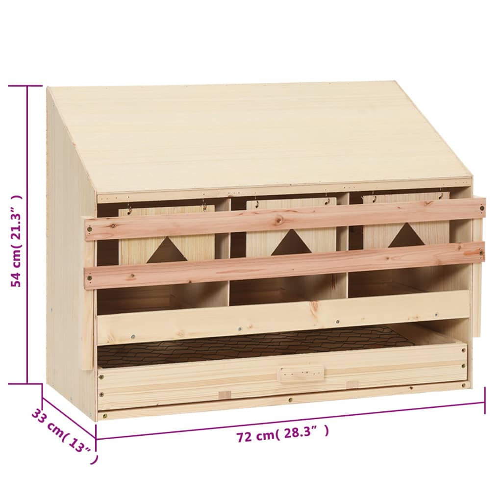 vidaXL Ponedero para gallinas 3 compartimentos madera pino 72x33x54 cm