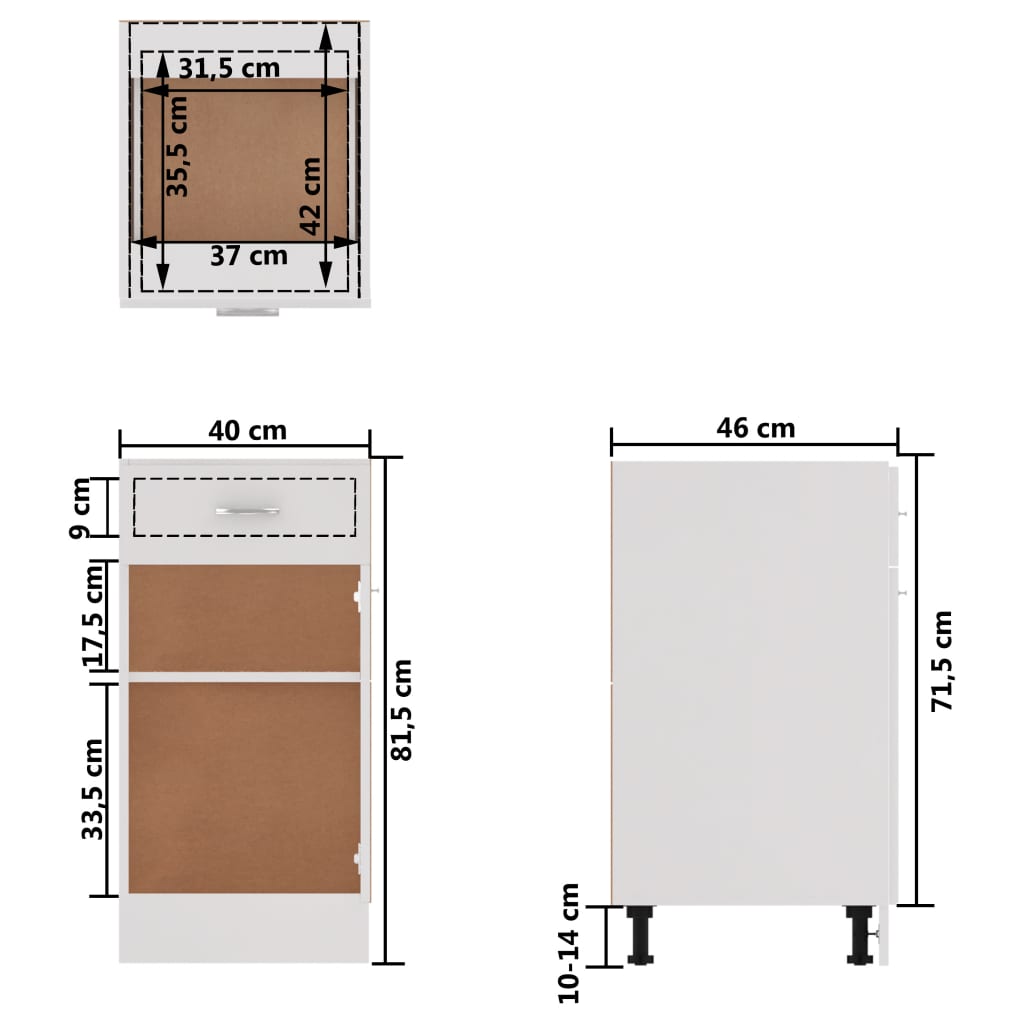 vidaXL Armario bajo cajón cocina madera ingeniería blanca 40x46x81,5cm