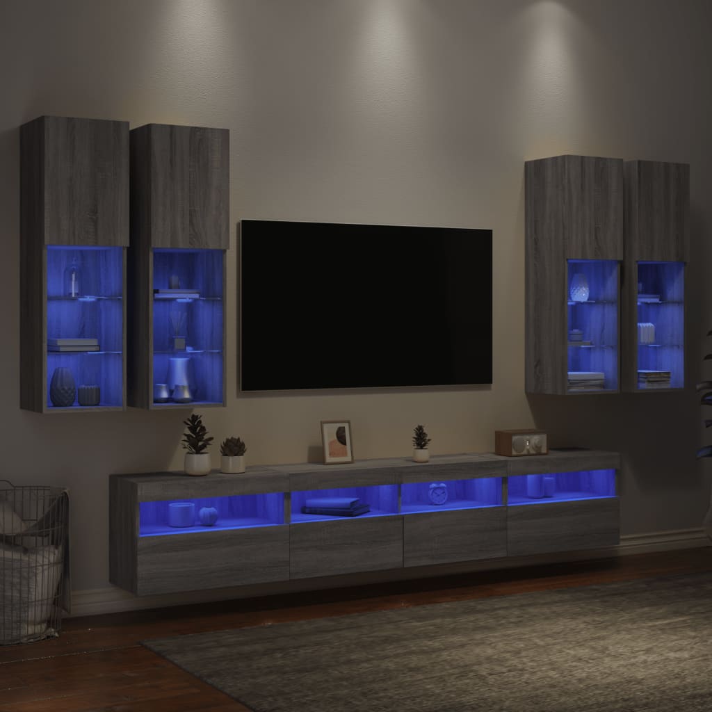 vidaXL Muebles de TV de pared con luces LED 7 piezas gris sonoma