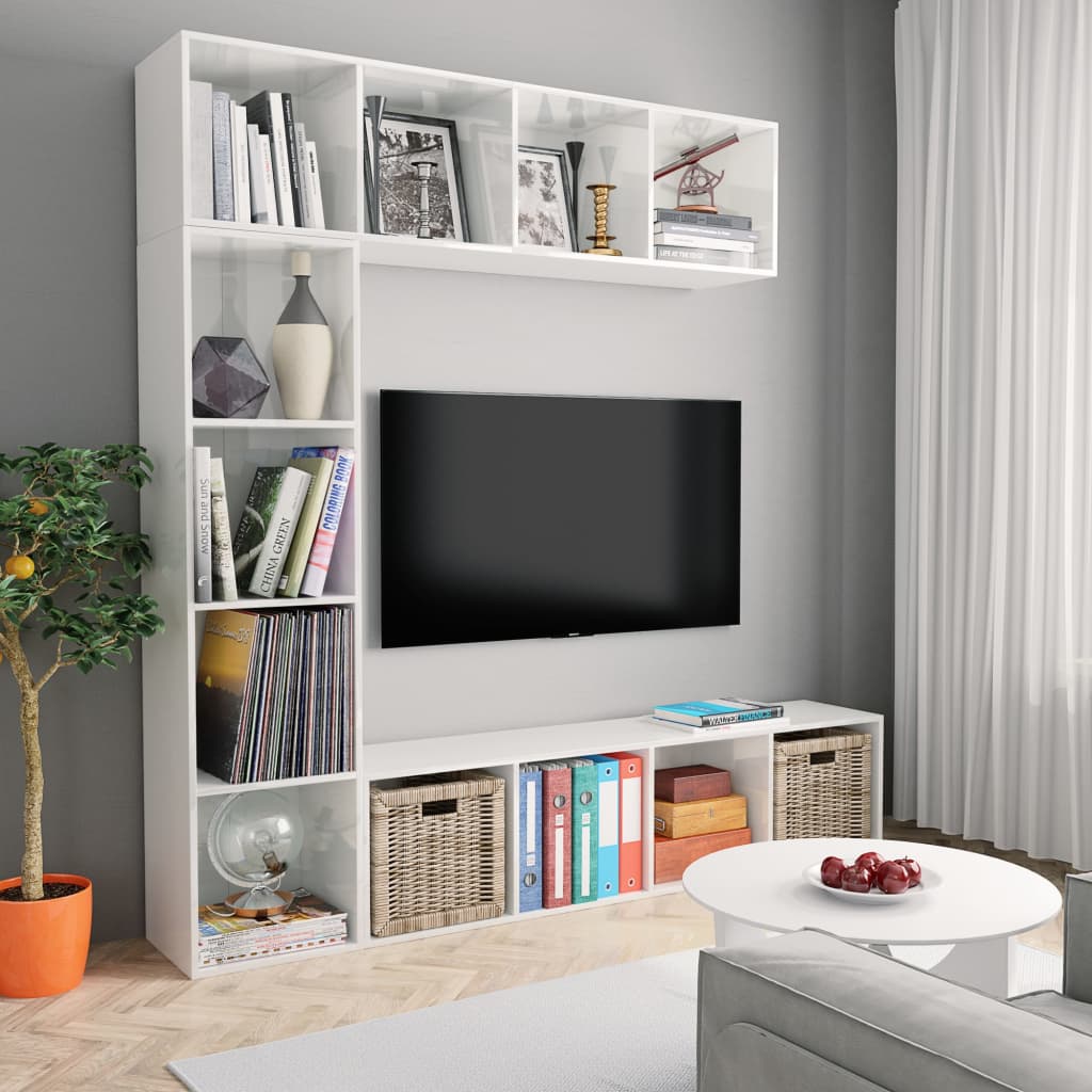 vidaXL Mueble de TV y librería 3 piezas blanco brillo 180x30x180 cm
