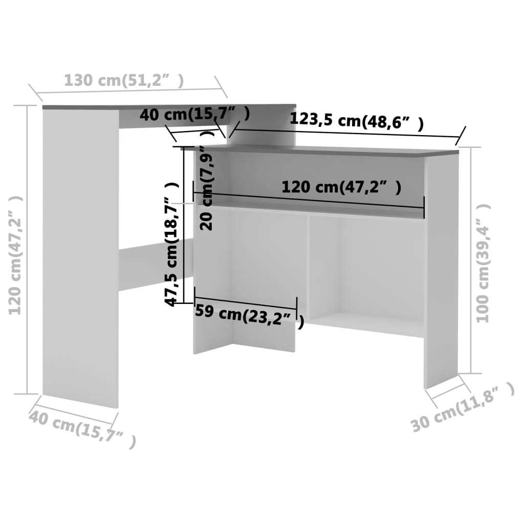 vidaXL Mesa de bar con 2 tableros blanco y gris 130x40x120 cm