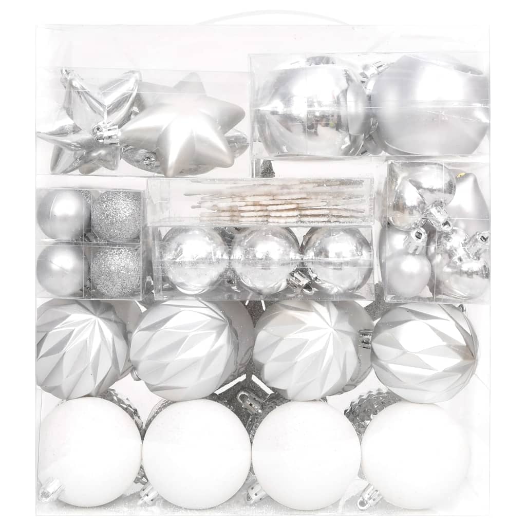 vidaXL Juego de adornos de navidad de 70 piezas plateado y blanco