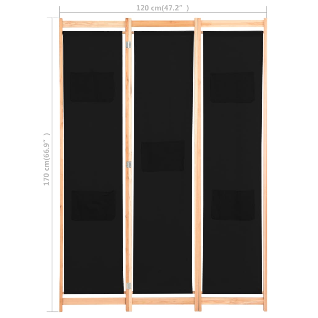 vidaXL Biombo divisor 3 paneles de tela negro 120x170x4 cm
