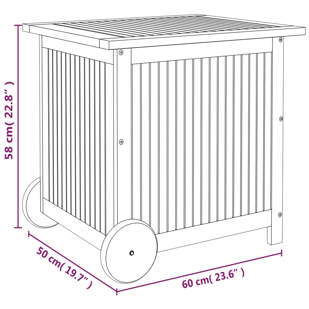 vidaXL Caja de almacenaje de jardín ruedas acacia maciza 60x50x58 cm
